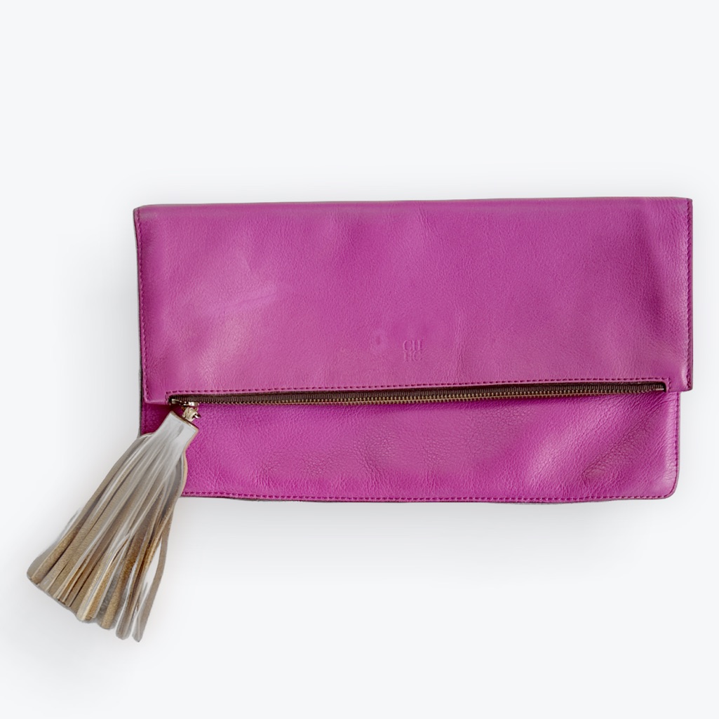 Quiet Luxury Ch Carolina Herrera Fold-Over Fuchsia Clutch With Bronze Tassel